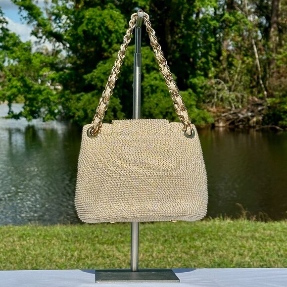 Eric Javits Raffia Sand Dollar Top Handle Chain Strap Gold Metallic Bag - Picture 2 of 13